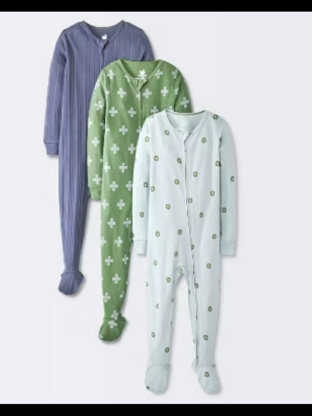 cloud island 3-Pack Footed One-Pieces in Blue, Green, and Light Blue Prints